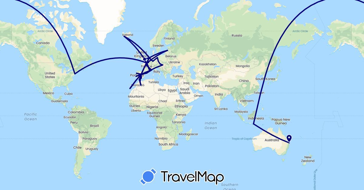 TravelMap itinerary: driving in Austria, Australia, Czech Republic, Germany, Spain, France, United Kingdom, Hungary, Indonesia, Iceland, Latvia, Morocco, Netherlands, Portugal, United States (Africa, Asia, Europe, North America, Oceania)